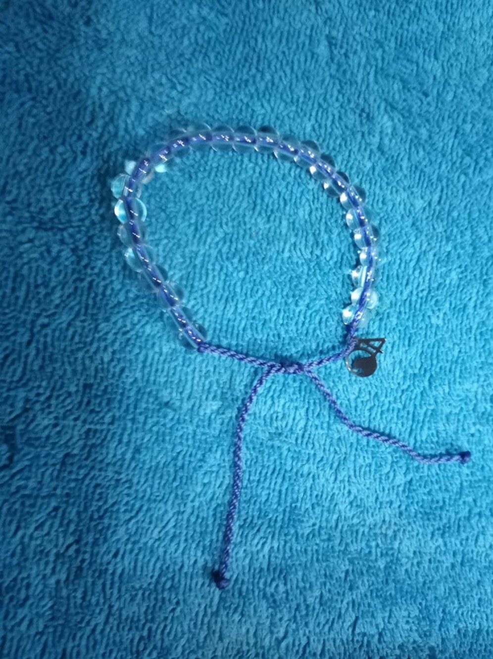 Blue Beaded Adjustable Bracelet with Purple Cord And Silver Accent